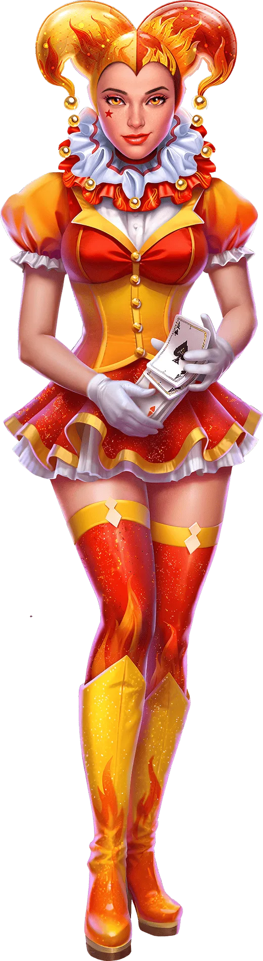 An illustrated theatre character in a colourful costume